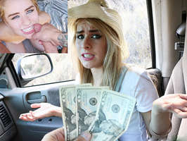 Chica rubia de ojos azules follando por dinero en el campo recibe una buena corrida en la cara