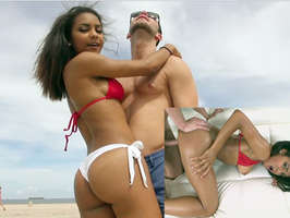 Morena de culo perfecto en la playa acaba follada como una perra tragando una buena corrida