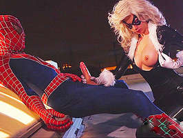 Spiderman follando a Catwoman le llena las tetas de leche caliente que ella chupa con gusto