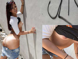 Arrodillada con pantaloncitos haciendo una mamada le llenan las tetas con una corrida